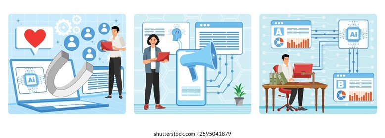 Customer interactions with chatbots and social media. Marketing and Advertising. Articles and social media posts. Optimize A B tests, marketing performance based on results AI Technology. 