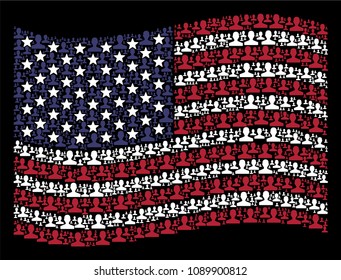 Customer items are arranged into waving USA flag mosaic on a dark background. Vector concept of America state flag is designed from customer items. Designed for political and patriotic applications.