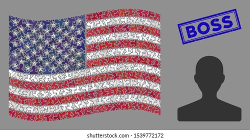 Customer items are organized into United States flag stylization with blue rectangle corroded stamp watermark of Boss phrase.