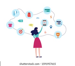 Customer journey a client decides to purchase product or service, woman cartoon character making choice online, flat vector illustration isolated on white background.