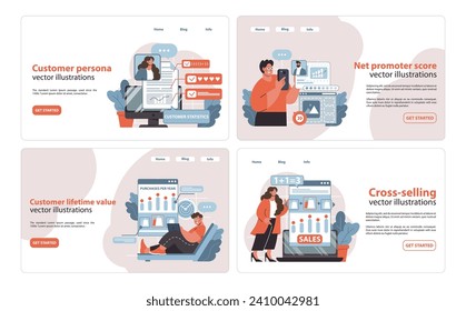 Customer Journey collection. Engaging illustrations for persona development, lifetime value, promoter score, and cross-selling strategies. Flat vector illustration.