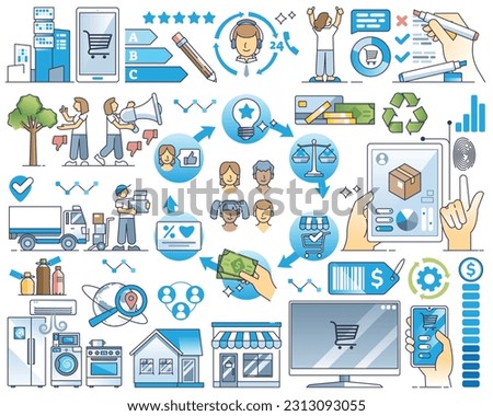 Customer journey elements with buyer purchase steps outline collection set. Items with commerce and marketing theme vector illustration. Ads, buying, delivery and feedback stages for advertisement.