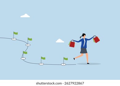 Viagem de cliente, cliente fêmea passeando com sacos de compras comprados em seu caminho. 