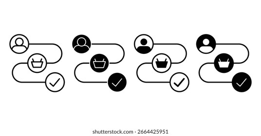 Diagrama de flujo de viaje de Cliente Iconos en blanco y negro que muestran el proceso de compra Ilustración de diseño de Vector