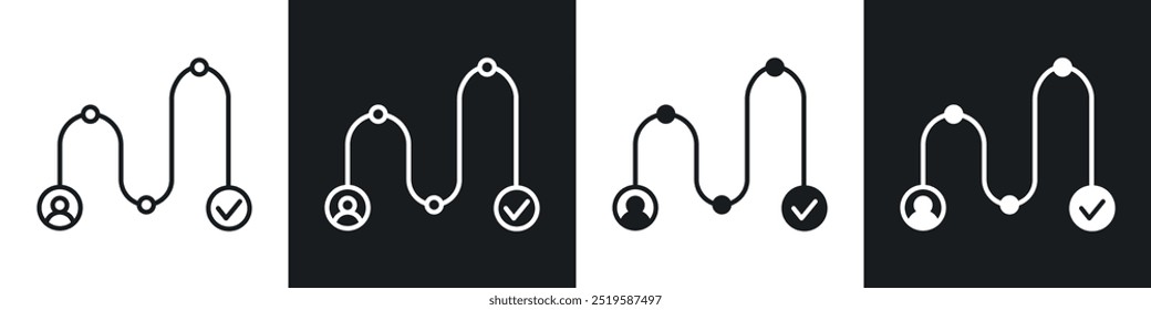 Customer journey icon collection in black and white filled and stroke line style.