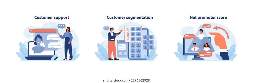 Customer journey insights. A dedicated agent offers real-time support, a strategist fine-tunes segmentation, and experts analyze the net promoter score. Enhancing client experience. Flat vector.