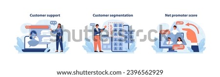 Customer journey insights. A dedicated agent offers real-time support, a strategist fine-tunes segmentation, and experts analyze the net promoter score. Enhancing client experience. Flat vector.