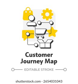 Customer journey map flat outline concept icon. Visual representation of entire experience. Gap analysis tool. Modern line illustration with yellow glyphs. Conceptual visual. Easy to edit