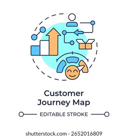 Ícone de conceito de várias cores do mapa de jornada do cliente. Representação visual de toda a experiência Ferramenta de análise de lacunas. Ilustração de linha de forma redonda. Ideia abstrata. Design gráfico. Fácil de usar no post do blog