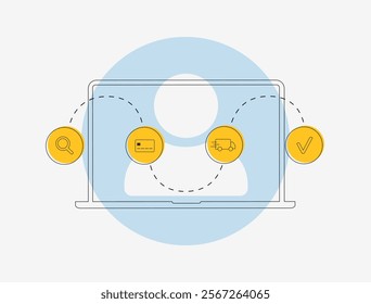 Customer journey mapping with user pathways, touchpoints and engagement flow. Data-driven insights, customer experience and strategic planning for better brand interaction. Outline vector illustration