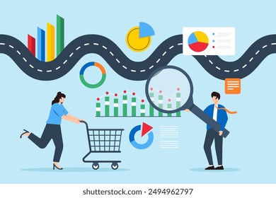 Customer journey mapping, visualizing interactions with brand, improving client experience concept vector illustration. Business analyst navigating winding road
