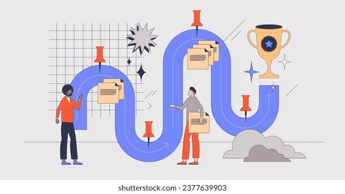 Optimización del viaje del cliente con el concepto de persona diminuta retro de procesos mejorado. Pasos de compra del comprador en la ilustración vectorial de la ruta de compra. Estrategia de anuncios comerciales e interacción eficiente con el cliente.