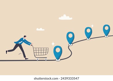 Customer journey, process or milestone for customer to experience until purchase product, marketing strategy analysis, advertising concept, man with trolley shopping cart on customer journey map.