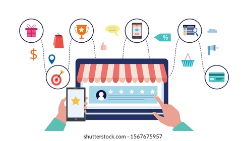 Customer journey and product review research - cartoon person looking at five star review smartphone app online website before shopping purchase - flat isolated vector illustration