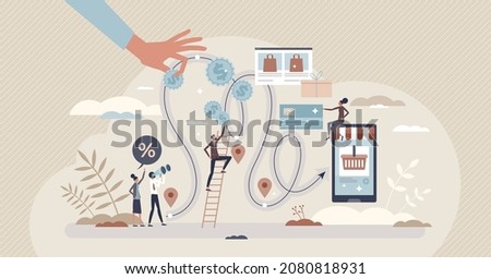 Customer journey research with client purchase process tiny person concept. Action steps with offer searching to shopping and paying stages vector illustration. Social behavior for marketing campaign.
