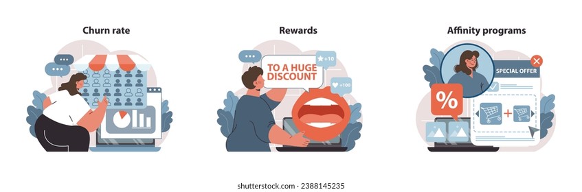 Customer journey set. Analyzing churn rate, grabbing rewards, joining affinity programs. Customer retention, loyalty perks, exclusive offers. Flat vector illustration