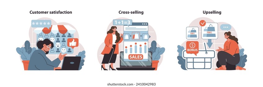 Customer Journey set. Dynamic depictions of customer satisfaction, cross-selling tactics, and upselling opportunities. Effective sales growth strategies. Flat vector illustration.