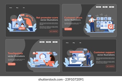 Customer journey set. Insights on net promoter score, analysis of customer churn, mapping touchpoints, and enhancing customer support for business success. Optimized client experience. Flat vector.