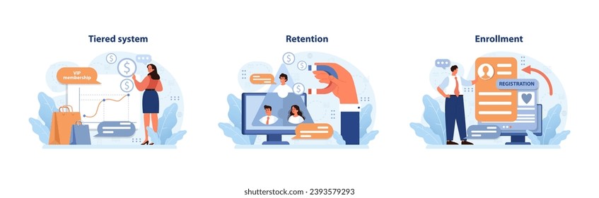 Customer journey set. VIP tiered benefits, digital loyalty program and user registration. Enhancing user experience, rewards and sign-up incentives. Flat vector illustration. svg