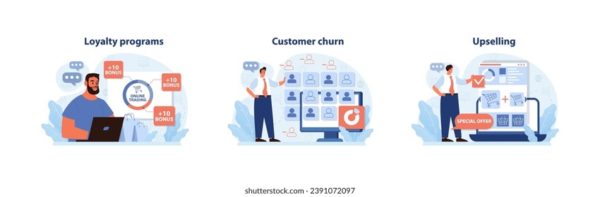 Customer journey trio. Enthusiastic professional reveals loyalty bonuses, a focused expert examines churn graphs, and a saleswoman showcases upselling techniques. Boosting sales dynamics. Flat vector.