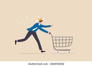 Customer is king, client want is most important, user experience or customer centric marketing strategy concept, happy man customer wearing king crown running with shopping cart ready to buy product.