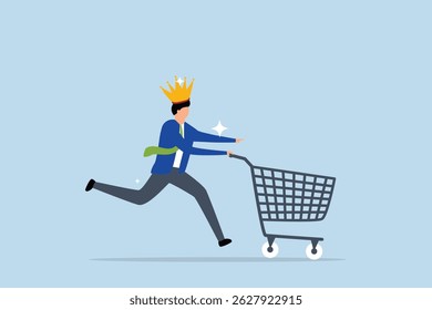
Customer is king, man customer wearing king crown running with shopping cart ready to buy product.