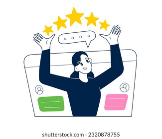 Customer leaves a good review, female client leaves positive feedback, give 5 stars rating on social media, person writing comment in form, abstract website window, flat vector illustration