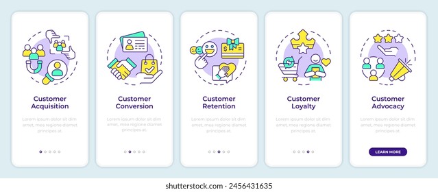 Customer lifecycle onboarding mobile app screen. Walkthrough 5 steps editable graphic instructions with linear concepts. UI, UX, GUI template