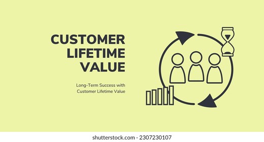 Customer Lifetime Value Banner on Yellow Background. Stylish Banner with Black Text and Icons for Business and Marketing