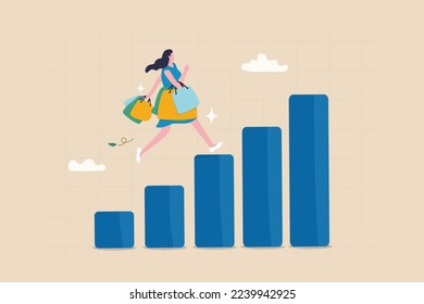 Customer lifetime value, calculation or key metric to analyze cost to acquire new customer, advertising or marketing cost concept, young customer woman with shopping bags walk on CLV graph and chart.