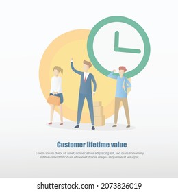 customer lifetime value (CLV),lifetime value (LTV),Value,frequency,time period of customer purchases product or services per business,Vector illustration.