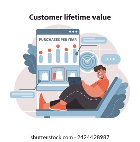 Customer lifetime value concept. Illustrates data-driven approach to evaluating consumer spending over time. Key for strategic business growth. Flat vector illustration.