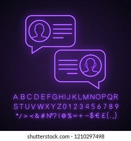 Customer live chat neon light icon. Clients care service. Customer support chat. Website manager. Service request. Glowing sign with alphabet, numbers and symbols. Vector isolated illustration