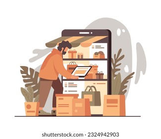 Customer looking at laptop and choosing gifts online. Buying new goods via Internet. Electronic commerce benefits. Age of digital environment. Vector flat illustration in orange colors