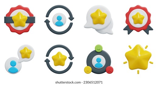 Customer Loyalty 3d vector icon set. Brand, customer, feedback, quality, rating, repurchase, satisfaction, star. Isolated on white background. 3d icon vector render illustration.