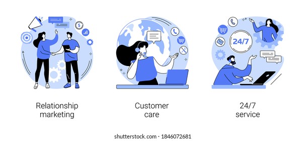 Customer loyalty abstract concept vector illustration set. Relationship marketing, customer care, 24 for 7 service, social media, online tech support, emergency line schedule abstract metaphor.