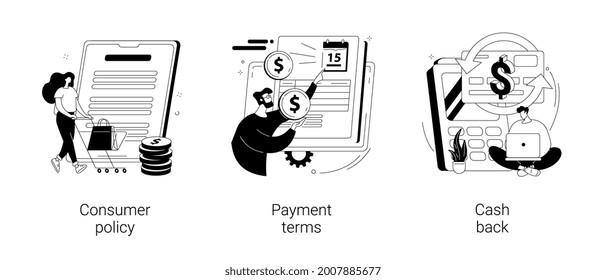 Customer loyalty abstract concept vector illustration set. Consumer policy, payment terms and cash back, buyer protection, cash flow, credit card, reward program, disclaimer abstract metaphor.