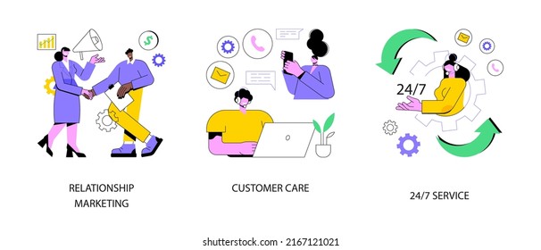 Customer loyalty abstract concept vector illustration set. Relationship marketing, customer care, 24 for 7 service, social media, online tech support, emergency line schedule abstract metaphor.