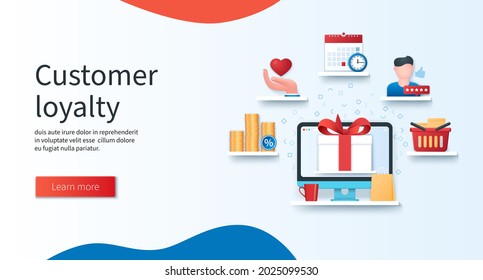 Customer loyalty banner. Calendar, feedback, coins, shop basket, gift box icons. Marketing programm concept. Web vector illustration in 3D style