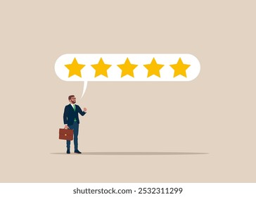 Customer loyalty, best user experience 5 stars rating on customer service. Сonfidence businessman giving 5 stars rating. Flat vector illustration