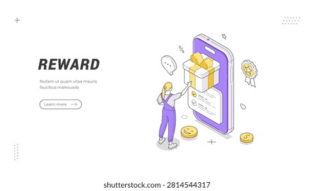 Customer loyalty and bonus points system isometric banner template. Vector illustration for mobile game or application reward program. Winning prize and getting trophy for success and goal achievement