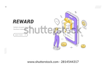 Customer loyalty and bonus points system isometric banner template. Vector illustration for mobile game or application reward program. Winning prize and getting trophy for success and goal achievement