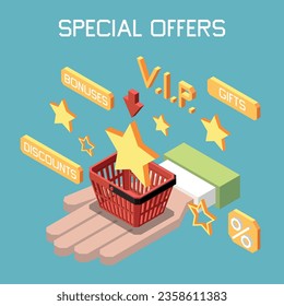 Customer loyalty bonus reward programs isometric colored composition with special offer description vector illustration