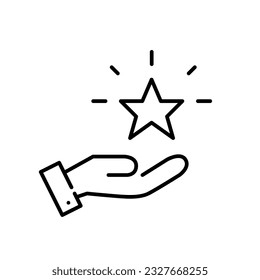 Customer loyalty bonus rewards program. Hand holding shining star. Pixel perfect, editable stroke