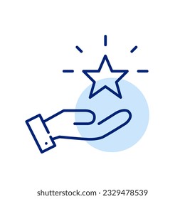 Customer loyalty bonus rewards program. Hand holding shining star. Pixel perfect icon