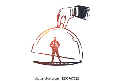 Customer loyalty, business, marketing, service concept. Hand drawn customer under glass cap concept sketch. Isolated vector illustration.