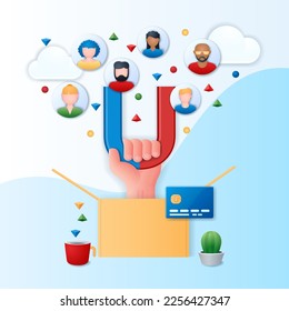 Customer loyalty concept. Gift box, hand holding a magnet and people icons. Marketing program banner. Web vector illustration in 3D style