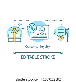 Customer loyalty concept icon. Client satisfaction idea thin line illustration. Favorite brand. Customer service and rewards. Membership. CRM system. Vector isolated outline drawing. Editable stroke