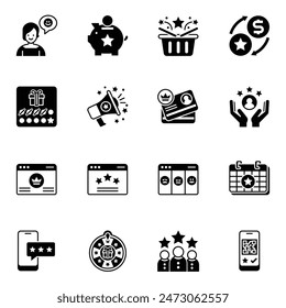 Customer loyalty concept icons set in glyph icon style for ui, website, web, app graphic design.