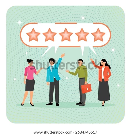 Customer loyalty concept. Various customer people giving 5 stars review for quality service, symbolizing best user experience or trust to use service again.